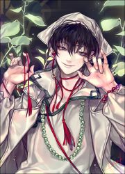 Rule 34 | 10s, 1boy, akgi, bad id, bad pixiv id, black background, black hair, brown eyes, coat, grin, hakutaku (hoozuki no reitetsu), hoozuki no reitetsu, jewelry, long sleeves, looking at viewer, male focus, necklace, open clothes, open coat, pearl necklace, plant, shirt, smile, solo, string, string of fate, white shirt