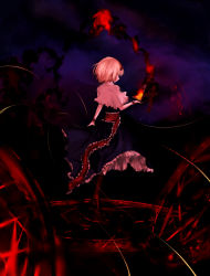 Rule 34 | 1girl, absurdres, alice margatroid, back, bad id, bad pixiv id, blonde hair, boots, capelet, dark, dress, fire, from behind, full body, gradient background, hairband, highres, looking back, magic, magic circle, nekoya (liu), profile, puppet strings, ribbon, sash, short hair, solo, touhou, upskirt, wrist cuffs, yellow eyes