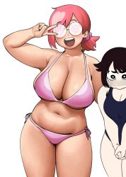Rule 34 | 2girls, arm up, bikini, black eyes, black hair, black one-piece swimsuit, breasts, bright pupils, cleavage, cowboy shot, glasses, hair ornament, hair scrunchie, height difference, highres, large breasts, medium hair, multiple girls, navel, one-piece swimsuit, open mouth, original, pink bikini, pink hair, pink scrunchie, pomki, ponytail, scrunchie, simple background, swimsuit, v, white background, white pupils