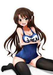 Rule 34 | 10s, 1girl, absurdres, bad id, bad pixiv id, black thighhighs, blush, breast hold, breasts, brown eyes, brown hair, highres, idolmaster, idolmaster cinderella girls, kazenoko, long hair, medium breasts, one-piece swimsuit, open mouth, school swimsuit, shimamura uzuki, simple background, solo, swimsuit, thighhighs, white background