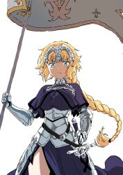 Rule 34 | 1girl, absurdres, armor, blonde hair, blue eyes, braid, breasts, cowboy shot, fate/apocrypha, fate (series), flag, gauntlets, headpiece, highres, holding, holding flag, jeanne d&#039;arc (fate), large breasts, long hair, looking at viewer, mugi0913, sheath, sheathed, simple background, single braid, solo, sword, very long hair, weapon, white background