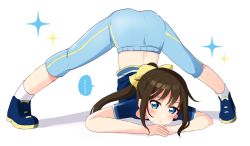 Rule 34 | ..., 1girl, aqua eyes, aqua pants, artist name, artist request, blue eyes, blue footwear, blue pants, blue shirt, blush, bow, breasts, brown hair, collarbone, female focus, full body, hair between eyes, hair bow, high ponytail, highres, jack-o&#039; challenge, long hair, looking at viewer, love live!, love live! nijigasaki high school idol club, love live! school idol festival, osaka shizuku, pants, parted lips, ponytail, shirt, shoes, short sleeves, smile, solo, sparkle, speech bubble, white background, wristband, yellow bow, yellow wristband