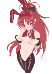 Rule 34 | 1girl, adapted costume, animal ears, bare shoulders, black bow, blush, bow, breasts, covering breasts, covering nipples, covering privates, cowboy shot, detached collar, detached sleeves, fake animal ears, hair bow, ikezawa shin, long hair, looking at viewer, mahou shoujo madoka magica, mahou shoujo madoka magica (anime), meme attire, navel, ponytail, rabbit ears, red eyes, red hair, revealing clothes, reverse bunnysuit, reverse outfit, sakura kyoko, simple background, sketch, small breasts, solo, thighhighs, white background