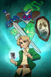 Rule 34 | 1boy, belt, blonde hair, blue background, blue eyes, card, guilhermerm, hair intakes, hat, holding, holding weapon, hylian shield, link, male focus, master sword, nintendo, persona, shield, short hair, simple background, smile, solo, super smash bros., sword, tarot, the fool (tarot), the legend of zelda, weapon