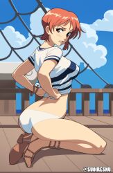 Rule 34 | 1girl, ass, back, blue sky, border, breasts, brown eyes, brown footwear, cloud, commentary, day, from side, full body, high heels, highres, kneeling, log pose, looking to the side, medium breasts, nami (one piece), navel, one piece, orange hair, outdoors, panties, parted lips, sandals, ship, shirt, short hair, sitting, sky, solo, stomach, striped clothes, striped shirt, suoiresnu, thighs, tied shirt, underwear, watercraft, white border, white panties, wooden floor