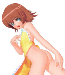 Rule 34 | 00s, 1girl, 3d, apron, ass, bare arms, bare shoulders, blue eyes, blush, brown eyes, cowboy shot, flat ass, flat chest, kaleido star, looking at viewer, lowres, naked apron, open mouth, rosetta passel, short hair, sidelocks, simple background, smile, solo, standing, white background, yellow apron