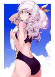 Rule 34 | 1girl, ass, black one-piece swimsuit, blue eyes, blue sky, cloud, commentary request, competition swimsuit, cowboy shot, day, from behind, kantai collection, kashima (kancolle), looking back, one-piece swimsuit, sidelocks, silver hair, sky, solo, swimsuit, twintails, wavy hair, yumesato makura