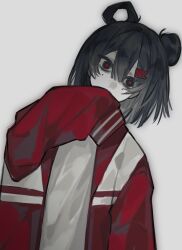 Rule 34 | aosadekuermanpifa, black eyes, black hair, chinese commentary, commentary request, covering own mouth, hair between eyes, hair bun, head tilt, highres, jacket, li yuting (female), long sleeves, looking at viewer, medium hair, mole, mole under each eye, mole under eye, multiple moles, open clothes, open jacket, red jacket, red pupils, shirt, simple background, single hair bun, single hair ring, sleeves past fingers, sleeves past wrists, touqi guaitan, upper body, white background, white shirt, wide-eyed