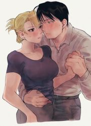 Rule 34 | 1boy, 1girl, bare arms, belt, black hair, black shirt, blonde hair, blush, brown eyes, collared shirt, couple, cropped legs, dress shirt, earrings, eye contact, folded ponytail, fullmetal alchemist, grey shirt, hand under clothes, hetero, holding hands, imminent kiss, jellymlk, jewelry, long sleeves, looking at another, parted lips, riza hawkeye, shirt, short sleeves, simple background, skin tight, sweat, tight clothes, tight shirt, turtleneck, twitter username, updo, white background