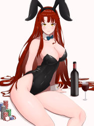 Rule 34 | 1girl, absurdres, alcohol, alt p3n, animal ears, bad id, bad pixiv id, bare legs, black leotard, blue bow, blue bowtie, bottle, bow, bowtie, cup, detached collar, drinking glass, fake animal ears, highres, leotard, long hair, looking at viewer, playboy bunny, poker chip, rabbit ears, red hair, simple background, sitting, solo, strapless, strapless leotard, tengen toppa gurren lagann, white background, wine, wine bottle, wine glass, wrist cuffs, yellow eyes, yoko littner