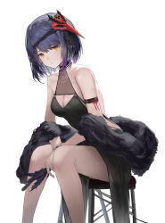 Rule 34 | 1girl, absurdres, arm strap, bare legs, bare shoulders, black dress, bracelet, breasts, cleavage, cleavage cutout, closed mouth, clothing cutout, dress, expressionless, feathers, feet out of frame, fur shawl, genshin impact, highres, holding, holding feather, jenmin12, jewelry, kujou sara, looking at viewer, mask, mask on head, medium breasts, purple hair, shawl, short hair, simple background, sitting, sleeveless, sleeveless dress, solo, stool, white background, yellow eyes
