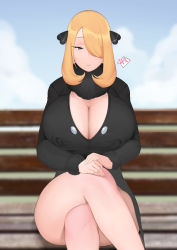 Rule 34 | 1girl, bench, black dress, black eyes, blonde hair, blurry, blurry background, breasts, cleavage, closed mouth, cloud, covered erect nipples, creatures (company), crossed legs, cynthia (pokemon), day, dress, female focus, fur collar, game freak, hair over one eye, highres, huge breasts, legs, light smile, long hair, looking at viewer, moebell, nintendo, outdoors, own hands together, pokemon, pokemon dppt, sky, smile, solo, thighs