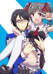 Rule 34 | 10s, 1boy, 1girl, :d, arm around neck, ascot, bad id, bad pixiv id, bare shoulders, black hair, blue eyes, blush, bow, brother and sister, carrying, embarrassed, frills, glasses, hair bow, hair ribbon, highres, idolmaster, idolmaster cinderella girls, idolmaster side-m, jacket, kanzaki ranko, looking away, mary janes, necktie, open clothes, open jacket, open mouth, pinstripe pattern, princess carry, red eyes, red necktie, ribbon, sakuraba kaoru, shoes, short eyebrows, siblings, smile, striped, takezaka tarou, thighhighs, twintails, upper body, v, voice actor connection, wavy mouth