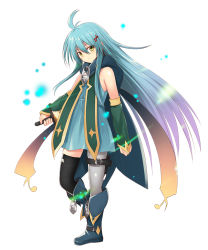 Rule 34 | 1girl, antenna hair, asymmetrical legwear, bare shoulders, black thighhighs, blue cape, blue dress, blue footwear, blue hair, boots, buckle, cape, clenched hand, closed mouth, commentary request, dagger, detached sleeves, dress, expressionless, facial scar, floating hair, fortissimo, full body, grey thighhighs, hair between eyes, hair ornament, highres, holding, holding dagger, holding knife, holding weapon, holster, knee boots, knife, leg up, light particles, long hair, looking at viewer, mahcdai, mismatched legwear, musical note, musical note hair ornament, original, planol note, quaver, reverse grip, scar, scar on cheek, scar on face, short dress, sidelocks, simple background, single thighhigh, sleeveless, sleeveless dress, solo, standing, standing on one leg, thigh holster, thighhighs, very long hair, weapon, white background, yellow eyes, zipper pull tab