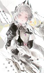 Rule 34 | 1girl, abstract background, absurdres, apron, arknights, black gloves, black vest, chromatic aberration, cropped torso, cross hair ornament, earrings, floating hair, glint, gloves, grey eyes, grey hair, hair ornament, hair over shoulder, head wings, highres, irene (arknights), irene (voyage of feathers) (arknights), jewelry, juliet sleeves, kurikabacha, light blush, long hair, long sleeves, looking at viewer, maid, maid apron, official alternate costume, parted lips, pendant, pink pupils, ponytail, puffy sleeves, scar, scar across eye, short bangs, short eyebrows, sleeve cuffs, solo, vest, white apron, white background, wings