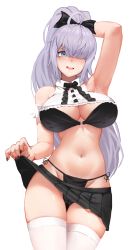 Rule 34 | 1girl, absurdres, ahoge, arm behind head, armpits, bad id, bad pixiv id, black bow, black bra, black nails, black panties, black skirt, blush, bow, bra, breasts, center frills, clothes lift, contrapposto, crop top, frills, front-hook bra, gnome (last origin), greentree, hair bow, hair over one eye, high ponytail, highres, large breasts, last origin, lifted by self, long hair, looking at viewer, microskirt, nail polish, navel, nose blush, open mouth, panties, pleated skirt, ponytail, side-tie panties, silver hair, simple background, skirt, skirt lift, solo, string panties, thighhighs, underwear, very long hair, wavy mouth, white background, white thighhighs