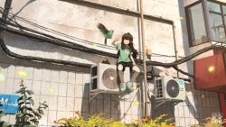 Rule 34 | 1girl, absurdres, air conditioner, animal, bird, black hair, building, day, elf, green shirt, highres, horns, hua ming wink, long hair, original, outdoors, pointy ears, shirt, shoes, single horn, sitting, sneakers, solo, white footwear