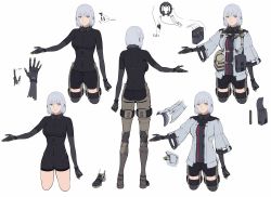 Rule 34 | 1girl, absurdres, bag, belt, black shorts, breasts, closed mouth, duoyuanjun, english text, girls&#039; frontline, highres, jacket, multiple views, pouch, purple eyes, rpk-16 (girls&#039; frontline), short hair, shorts, silver hair, simple background, smile, standing, white background, wide sleeves