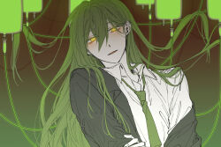 Rule 34 | 1boy, collared shirt, commentary, fondant, green hair, green necktie, grey jacket, hair between eyes, highres, intravenous drip, jacket, lobotomy corporation, long hair, long sleeves, looking at viewer, male focus, necktie, netzach (project moon), off shoulder, open clothes, open collar, open jacket, open mouth, project moon, shirt, solo, white shirt, yellow eyes