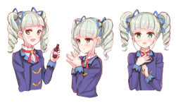 Rule 34 | 1girl, :d, :o, aikatsu!, aikatsu! (series), blue jacket, blue ribbon, blush, bottle, drill hair, fang, fingernails, glass bottle, green eyes, green hair, hair ribbon, hand on own chest, hands up, highres, holding, holding bottle, jacket, long sleeves, looking at viewer, makiaato, multiple views, open mouth, own hands together, parted lips, ribbon, school uniform, shirt, simple background, smile, starlight academy school uniform, todo yurika, twin drills, twintails, white background, white shirt