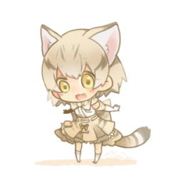 Rule 34 | 10s, 1girl, :3, animal ears, bare shoulders, blouse, blush, bow, bowtie, breast pocket, cat ears, cat girl, cat tail, chibi, dot nose, elbow gloves, fang, frilled skirt, frills, full body, gloves, kemono friends, kneehighs, looking at viewer, lowres, maora oto, multicolored hair, open mouth, outstretched arms, pocket, sand cat (kemono friends), shadow, shirt, short hair, skirt, socks, solo, standing, streaked hair, striped tail, tail, tareme, white background, white shirt, yellow eyes