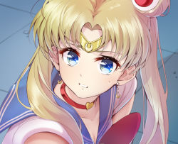 Rule 34 | 1girl, artist name, bare shoulders, bishoujo senshi sailor moon, blonde hair, blue eyes, blue sailor collar, blush, bow, bowtie, breasts, choker, circlet, cleavage, clenched teeth, collarbone, commentary, commentary request, crescent, crescent earrings, derivative work, earrings, eyelashes, from side, hair ornament, hair over shoulder, heart, heart choker, imo bouya, jewelry, long hair, meme, parted bangs, red bow, red bowtie, red choker, sailor collar, sailor moon, sailor moon redraw challenge (meme), sailor senshi uniform, school uniform, screenshot redraw, serafuku, signature, solo, sweatdrop, teeth, tsukino usagi, twintails, upper body