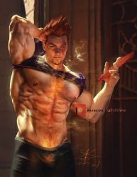 Rule 34 | 1boy, abs, arm behind head, bara, bare pectorals, beard, biceps, black male underwear, black tank top, blue eyes, boku no hero academia, boxers, bulge, burning, chest hair, clothes lift, endeavor (boku no hero academia), facial hair, feathers, feet out of frame, hairy, holding, holding feather, large pectorals, male focus, male underwear, mature male, muscular, muscular male, navel, navel hair, nipples, pectorals, realistic, red feathers, red hair, scar, scar across eye, scar on face, shirt lift, short hair, sideburns, smoke, solo, spiked hair, stomach, stubble, tank top, underwear, xteve abanto