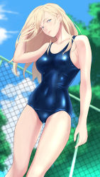 Rule 34 | 1girl, blonde hair, blue eyes, blue one-piece swimsuit, blurry, blurry background, blush, closed mouth, collarbone, day, feet out of frame, hand in own hair, highres, kantai collection, lips, long hair, mole, mole under eye, mole under mouth, narrow waist, one-piece swimsuit, richelieu (kancolle), school swimsuit, shingyou (alexander-13), solo, swimsuit, wet