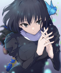 Rule 34 | 1girl, absurdres, anianiani0607, animal, bird, black dress, black eyes, black hair, blue bird, blurry, blurry background, breasts, closed mouth, commentary request, crossed fingers, dress, expressionless, flying, habit, highres, juliet sleeves, kuonji alice, long sleeves, looking at viewer, lost robin rondo, mahou tsukai no yoru, medium breasts, own hands together, puffy sleeves, short hair, solo focus, upper body