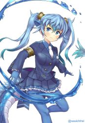 Rule 34 | 1girl, animal ears, armlet, blue eyes, blue gloves, blue hair, blue jacket, blue shirt, blue skirt, blue suit, buttons, collared shirt, dragon tail, formal, gloves, hair between eyes, jacket, japari symbol, japari symbol print, kemono friends, long hair, long sleeves, necktie, pantyhose, pleated skirt, seiryuu (kemono friends), shirt, simple background, skirt, solo, souichitei, standing, standing on one leg, suit, tail, twitter username, water, white background, white necktie