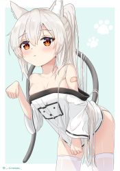 Rule 34 | 1girl, :3, animal ears, ayanami (azur lane), ayanami (niconico) (azur lane), azur lane, bandaid, bandaid on arm, bare shoulders, bent over, blonde hair, blush, breasts, cat ears, cat girl, cat tail, cleavage, commentary request, cowboy shot, hair between eyes, hand up, highres, long hair, medium breasts, no pants, off-shoulder shirt, off shoulder, panties, paw pose, paw print, paw print background, ponytail, red eyes, shirt, shirt tug, sironora, skindentation, solo, tail, thighhighs, underwear, very long hair, white panties, white shirt, white thighhighs