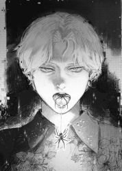 Rule 34 | 1boy, absurdres, animal, animal in mouth, bug, ctstudio (executional), flower, greyscale, highres, johan liebert, looking at viewer, male focus, monochrome, monster (manga), parted bangs, portrait, saliva, sanpaku, solo, sparkle, spider, straight-on, string, tongue, tongue out