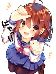 Rule 34 | 10s, 1girl, :d, ahoge, bad id, bad pixiv id, black pantyhose, blue skirt, blush, brown eyes, brown hair, clenched hands, fang, from above, hair ornament, hairclip, highres, ikazuchi (kancolle), kantai collection, long sleeves, looking at viewer, looking up, neckerchief, open mouth, pantyhose, paw pose, pleated skirt, red neckerchief, saijou yukina, sailor collar, school uniform, serafuku, short hair, skirt, smile, solo