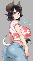 Rule 34 | 1girl, 2021, agawa ryou, animal ears, ass, black hair, breasts, commentary, cow ears, cow girl, cow horns, cow tail, dated, earrings, from behind, glasses, grey background, heart, heart print, horns, huge breasts, jewelry, looking at viewer, looking back, nail polish, original, print shirt, shirt, simple background, solo, tail