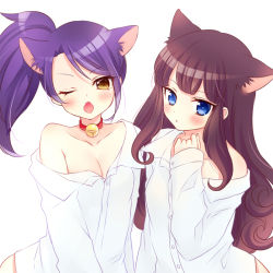 Rule 34 | 2girls, ;o, animal ears, bell, blue eyes, blush, breasts, brown hair, buttons, cat ears, cleavage, collar, collarbone, commentary request, curly hair, dress shirt, fang, hand up, jingle bell, kemonomimi mode, kurosu aroma, long hair, long sleeves, looking at viewer, mitsuba choco, multiple girls, naked shirt, neck bell, no bra, off shoulder, one eye closed, open mouth, parted bangs, pretty series, pripara, purple hair, red collar, shirt, side ponytail, sidelocks, simple background, small breasts, swept bangs, toudou shion, tsurime, upper body, white background, white shirt, yellow eyes