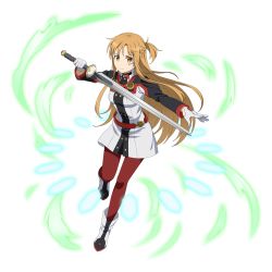 Rule 34 | 1girl, asuna (sao), brown eyes, brown hair, floating hair, full body, gloves, grey gloves, holding, holding sword, holding weapon, long hair, looking at viewer, outstretched arm, pantyhose, red pantyhose, solo, standing, sword, sword art online, transparent background, very long hair, weapon, white gloves