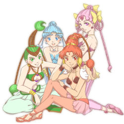 Rule 34 | 1990s (style), 4girls, bare shoulders, bishoujo senshi sailor moon, bishoujo senshi sailor moon supers, blue eyes, blue hair, bow, breasts, cerecere (sailor moon), cleavage, esuya, green eyes, green hair, hair bow, junjun (sailor moon), leggings, multi-tied hair, multiple girls, multiple hair bows, pallapalla (sailor moon), pink eyes, pink hair, red eyes, red hair, retro artstyle, sandals, vesves (sailor moon), white background, yellow bow