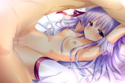 Rule 34 | 1boy, 1girl, artist request, blush, breasts, censored, flower knight girl, game cg, hair ribbon, hetero, long hair, missionary, mosaic censoring, nipples, nude, official art, penis, purple eyes, purple hair, red ribbon, ribbon, sawagikyou (flower knight girl), sex, shiny skin, small breasts, smile, spread legs, thighhighs, vaginal, white thighhighs