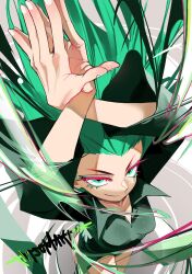 Rule 34 | 1girl, arms up, breasts, closed mouth, eyelashes, green eyes, green hair, highres, long hair, medium breasts, one-punch man, smile, solo, standing, tatsumaki, tngkbmarlon