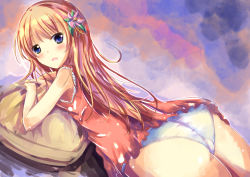 Rule 34 | 1girl, ass, bare arms, bare shoulders, blonde hair, blue eyes, blush, commentary request, dress, flower, hair flower, hair ornament, long hair, looking at viewer, looking to the side, lying, on stomach, open mouth, original, panties, pillow, red dress, red flower, shihou haru, sleeveless, sleeveless dress, solo, underwear, very long hair, white panties