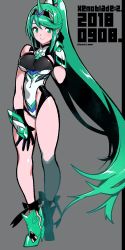 Rule 34 | 1girl, absurdly long hair, ankle ribbon, armor, blush, breasts, competition swimsuit, dated, earrings, female focus, green eyes, green footwear, green hair, jewelry, large breasts, leg ribbon, long hair, looking at viewer, matching hair/eyes, neon trim, nintendo, one-piece swimsuit, pneuma (xenoblade), ponytail, ribbon, sasaki tomomi, sidelocks, simple background, smile, solo, spoilers, standing, swimsuit, thighs, very long hair, xenoblade chronicles (series), xenoblade chronicles 2