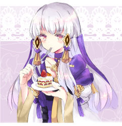 Rule 34 | 1girl, cake, closed mouth, eating, fire emblem, fire emblem: three houses, food, fork, hair ornament, holding, holding fork, holding plate, houkiri nemu, long hair, long sleeves, lysithea von ordelia, nintendo, pink eyes, plate, solo, upper body, white hair