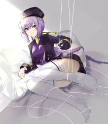 Rule 34 | 1girl, alternate costume, ankle boots, beret, blush, boots, braid, breasts, crest, cropped jacket, crossed legs, eltnum, female focus, fingerless gloves, full body, gloves, hair ornament, hat, high collar, highres, long braid, long hair, looking at viewer, medium breasts, melty blood, miniskirt, necktie, over-kneehighs, pink eyes, pleated skirt, purple background, purple hair, reclining, signature, single braid, single glove, sion eltnam atlasia, skirt, solo, sweater, thighhighs, thighs, tsukihime, under night in-birth, v-neck, very long hair, white footwear, white thighhighs