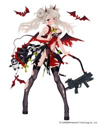 Rule 34 | 1girl, assault rifle, bare shoulders, bat (animal), black footwear, blue eyes, blush, braid, braided bangs, breasts, cf05 (girls&#039; frontline), cf05 (wings of the devil) (girls&#039; frontline), china dress, chinese clothes, cleavage, closed mouth, demon tail, demon wings, double bun, dress, embarrassed, floating hair, full body, girls&#039; frontline, grey hair, grey thighhighs, gun, hair bun, halloween, halloween costume, high heels, highres, holding, holding gun, holding weapon, horns, large breasts, looking at viewer, luicent, messy hair, navel, no panties, official art, open mouth, panda, pelvic curtain, red dress, rifle, simple background, solo, tail, thighhighs, torn clothes, torn dress, torn thighhighs, torn wings, twintails, weapon, white background, wings