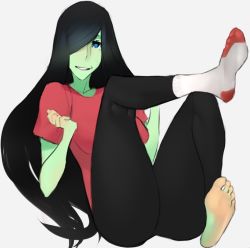 Rule 34 | 1girl, barefoot, black hair, blue eyes, colored skin, feet, female orc, green skin, hair over one eye, long hair, looking at viewer, mole, nina (scathegrapes), orc, parted lips, scathegrapes, single sock, socks, soles, toes