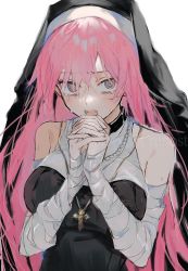 Rule 34 | 1girl, @ @, absurdres, bandaged arm, bandages, bare shoulders, black headwear, breasts, cross, cross necklace, crying, crying with eyes open, fangs, grey eyes, habit, hands up, highres, jewelry, large breasts, long hair, looking at viewer, necklace, nun, open mouth, original, own hands clasped, own hands together, pink-haired nun (404notfound), pink hair, simple background, solo, suechimu, sweat, tears, teeth, upper body, upper teeth only, watermark, white background
