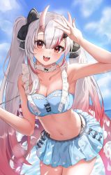 Rule 34 | 1girl, absurdres, armpits, bare arms, bare shoulders, bikini, bikini skirt, black ribbon, blue bikini, breasts, choker, cleavage, collarbone, day, frilled bikini, frills, gradient hair, grey hair, hair ribbon, highres, hololive, horns, leaning forward, legs together, long hair, medium breasts, multicolored hair, nakiri ayame, nakiri ayame (hololive summer 2019), navel, ocean, open mouth, outdoors, red hair, ribbon, ribbon choker, skin-covered horns, smile, solo, standing, stomach, sunlight, swimsuit, twintails, una hirag, very long hair, virtual youtuber, waves, yellow eyes