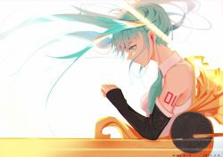 Rule 34 | 1girl, 39, airpods, arm tattoo, bad id, bad pixiv id, blue eyes, blue necktie, breasts, chinese commentary, clenched hand, dated, detached sleeves, floating hair, from side, hatsune miku, highres, jijing zishui, looking down, necktie, sitting, small breasts, smile, solo, sunlight, tattoo, twintails, vocaloid, white background, wireless earphones