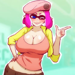 Rule 34 | 1girl, aged up, bad id, bad tumblr id, beret, blue eyes, breasts, cleavage, contrapposto, groin, hand on own hip, hat, huge breasts, inkling, inkling girl, inkling player character, jacket, mask, mike inel, navel, nintendo, one eye closed, pink hair, pointy ears, smile, solo, standing, tentacle hair, wide hips