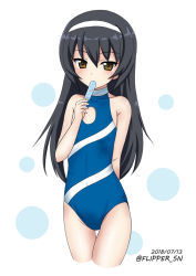 Rule 34 | 10s, 1girl, arm behind back, black hair, blue one-piece swimsuit, brown eyes, cleavage cutout, clothing cutout, commentary, cowboy shot, cropped legs, dated, flat chest, flipper, food, food in mouth, girls und panzer, hairband, holding, holding food, long hair, looking at viewer, mouth hold, one-hour drawing challenge, one-piece swimsuit, popsicle, reizei mako, simple background, solo, standing, swimsuit, thigh gap, twitter username, white background, white hairband